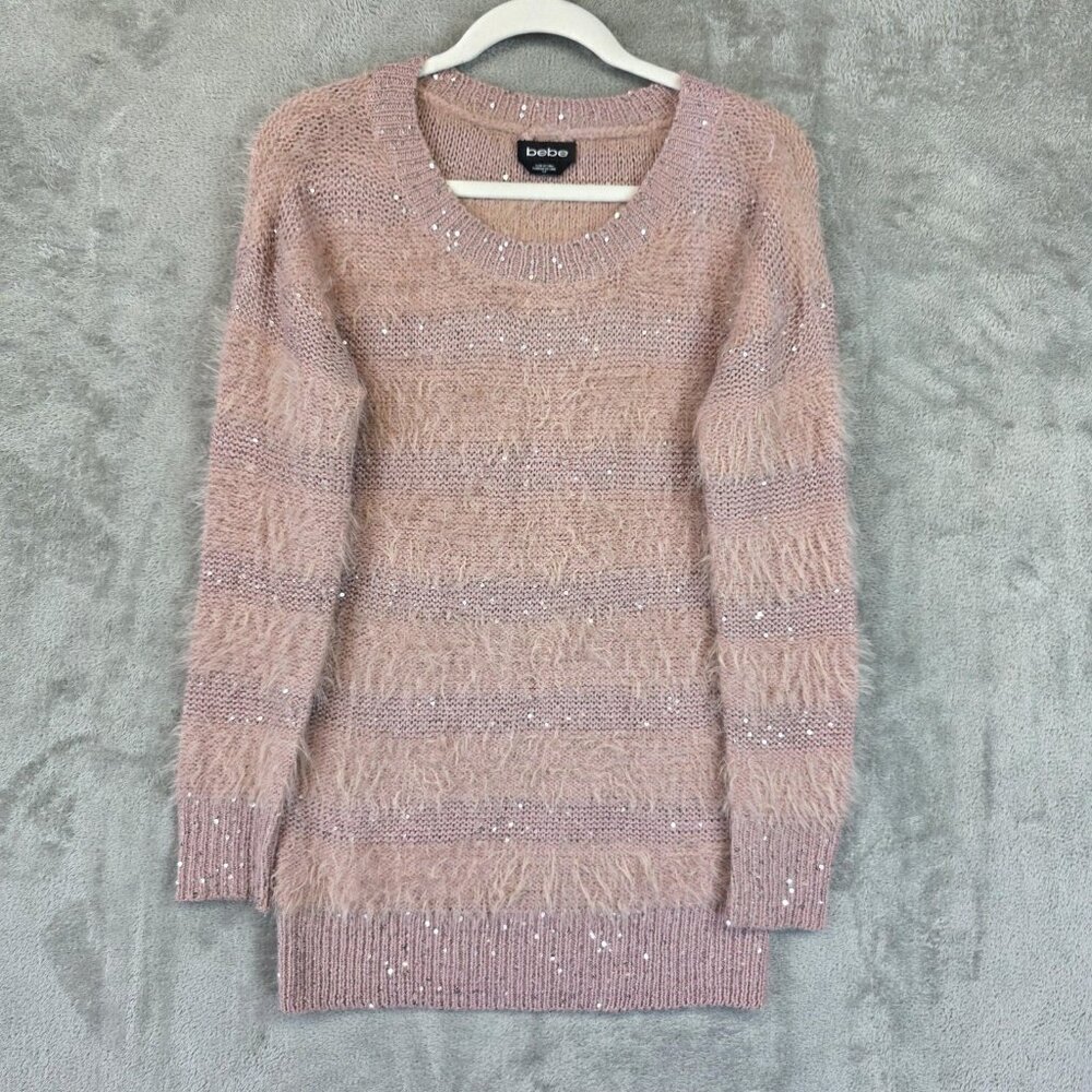 bebe Sweater Womens Small Misty Rose Eyelash Knit Sequined Longline Pullover
